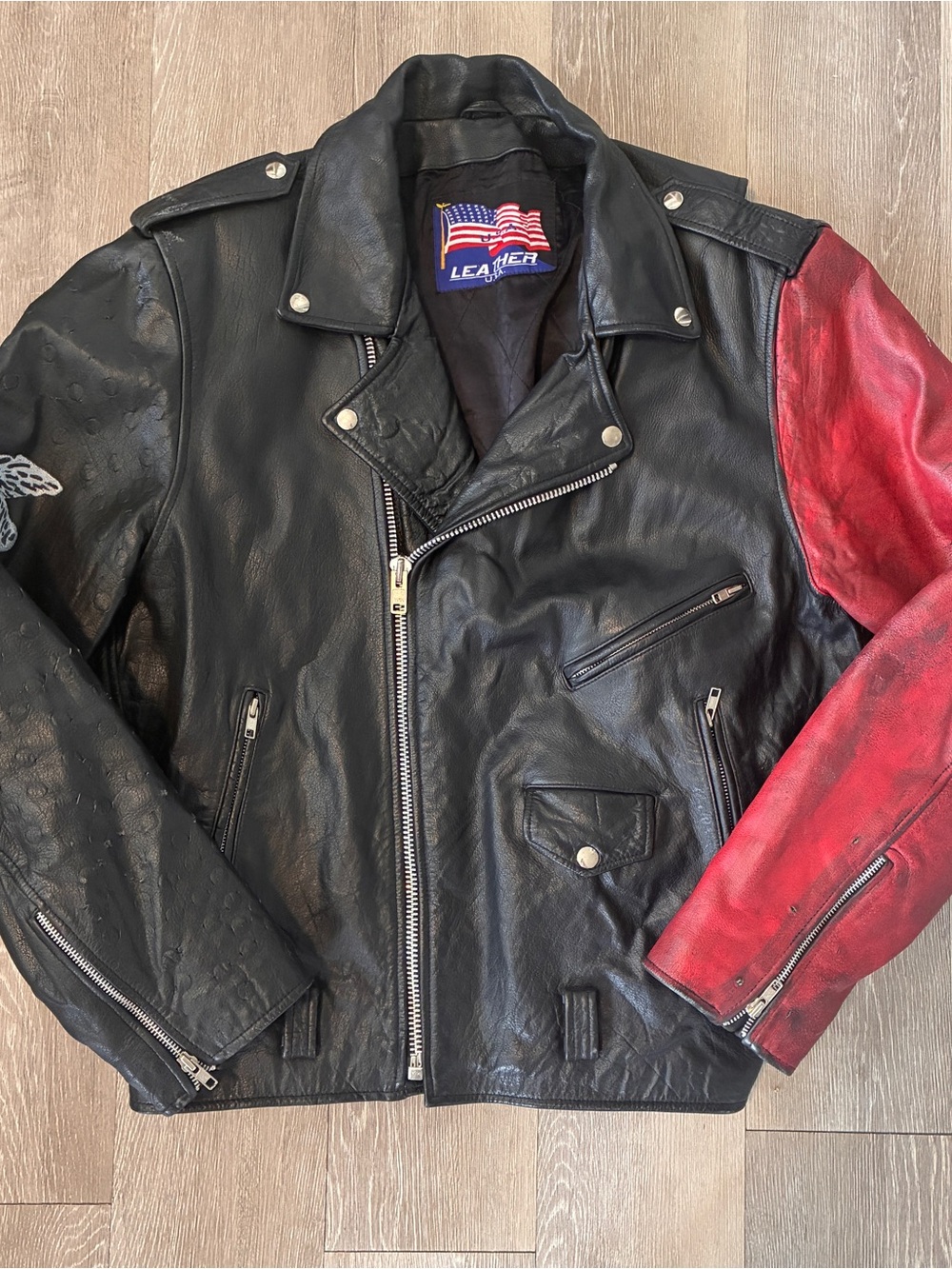 Mens Black Leather Biker Jacket with Red Right Sleeve